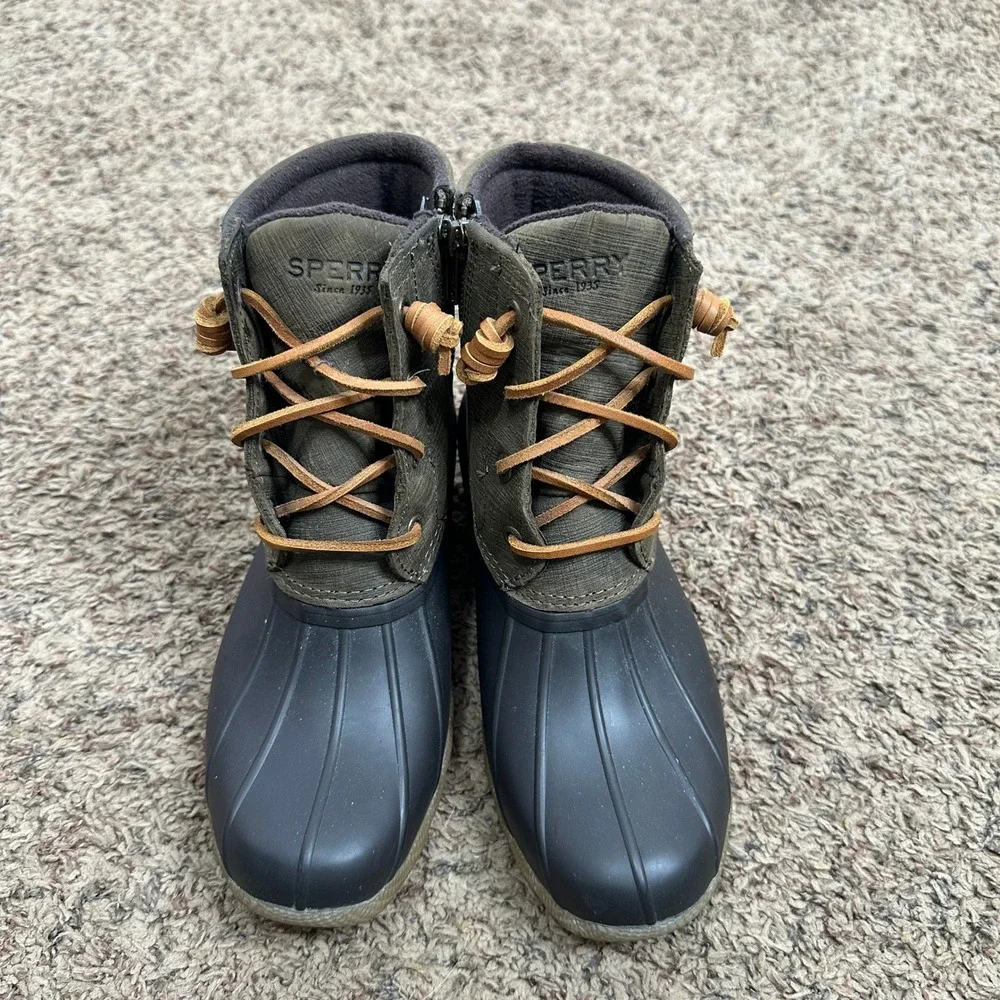 Sperry Saltwater Duck Boots Womens 6.5 Olive Green Black Waterproof STS99729